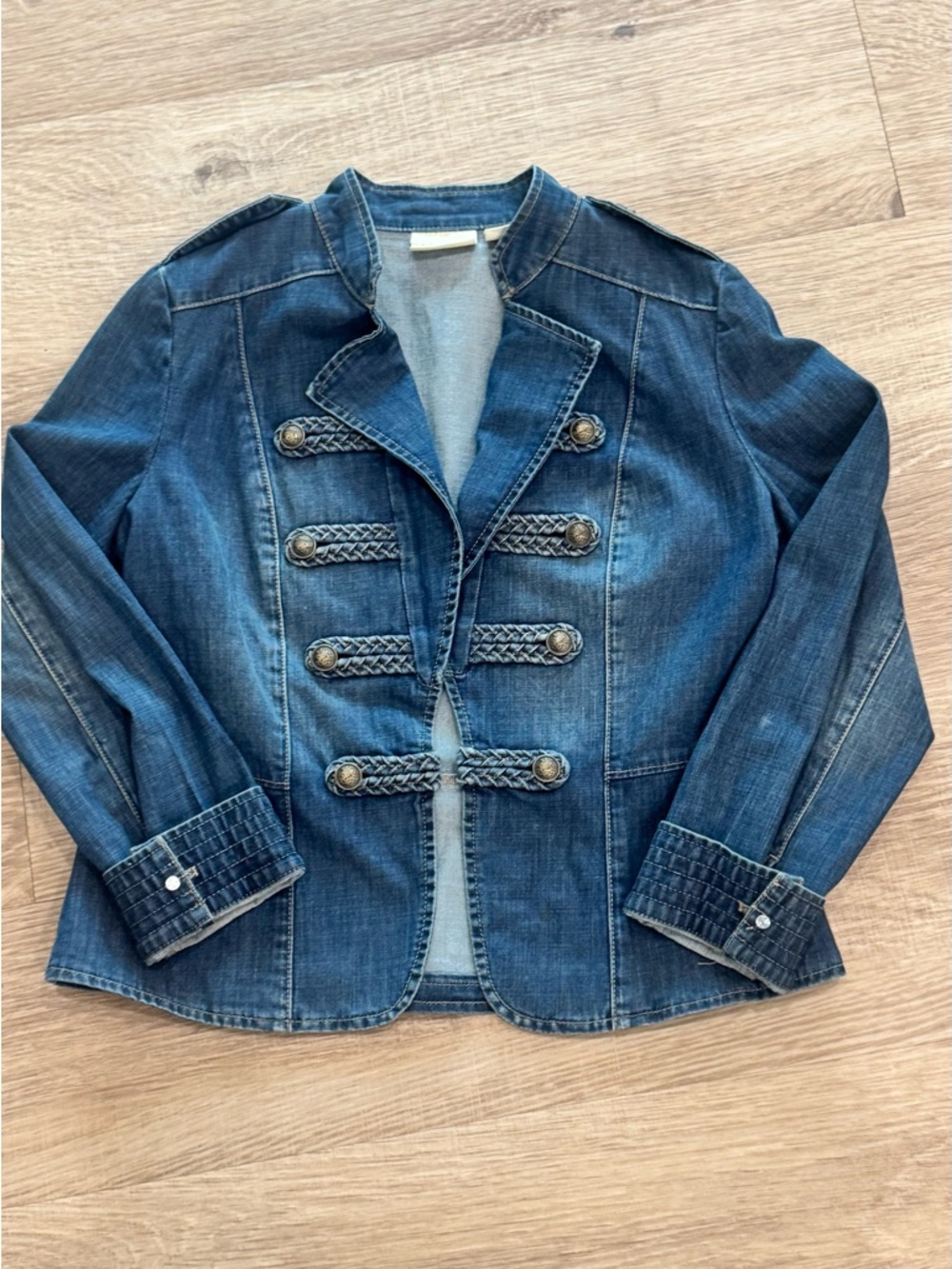 Chico’s Denim Military Style Jacket Braided Trim Button Front Size 0 (Small) - Picture 2 of 7